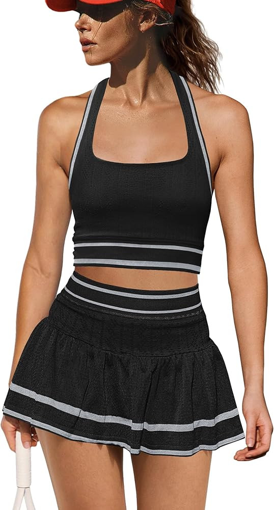 Yanekop Womens Tennis Skirt Set 2 Piece Workout Sets Golf Outfits Athletic Sets Cropped Tank Top ... | Amazon (US)