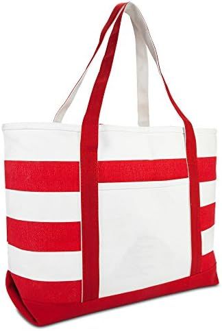 DALIX Striped Boat Bag Premium Cotton Canvas Tote in Red | Amazon (US)