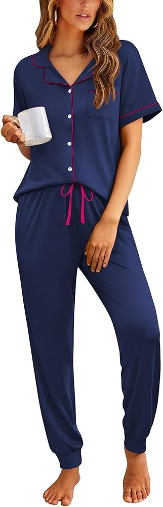 Ekouaer Women Pajama Set Short Sleeve Button Down Pjs Soft Comfy Sleepwear Nightwear with Jogger ... | Amazon (US)