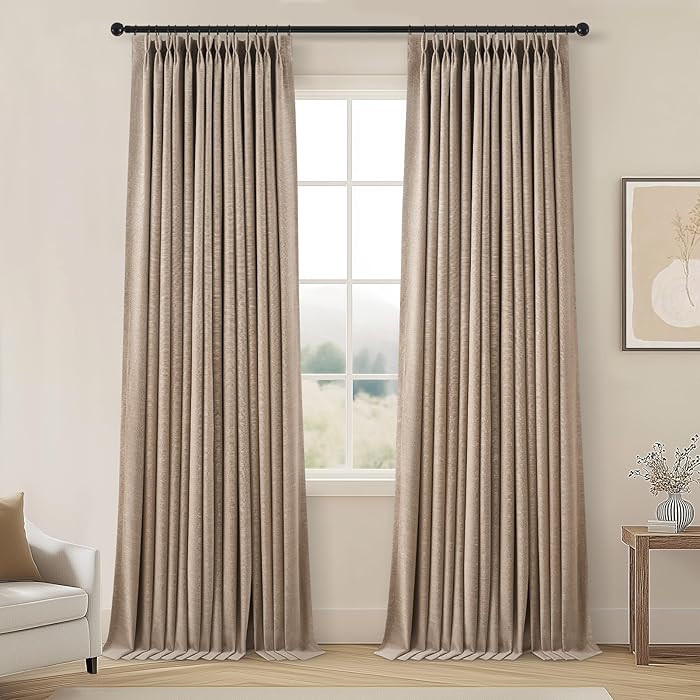 96 Inch Long Pinch Pleated Dark Linen Color Curtains,100% Blackout Thermal Insulated Natural Pinc... | Amazon (US)