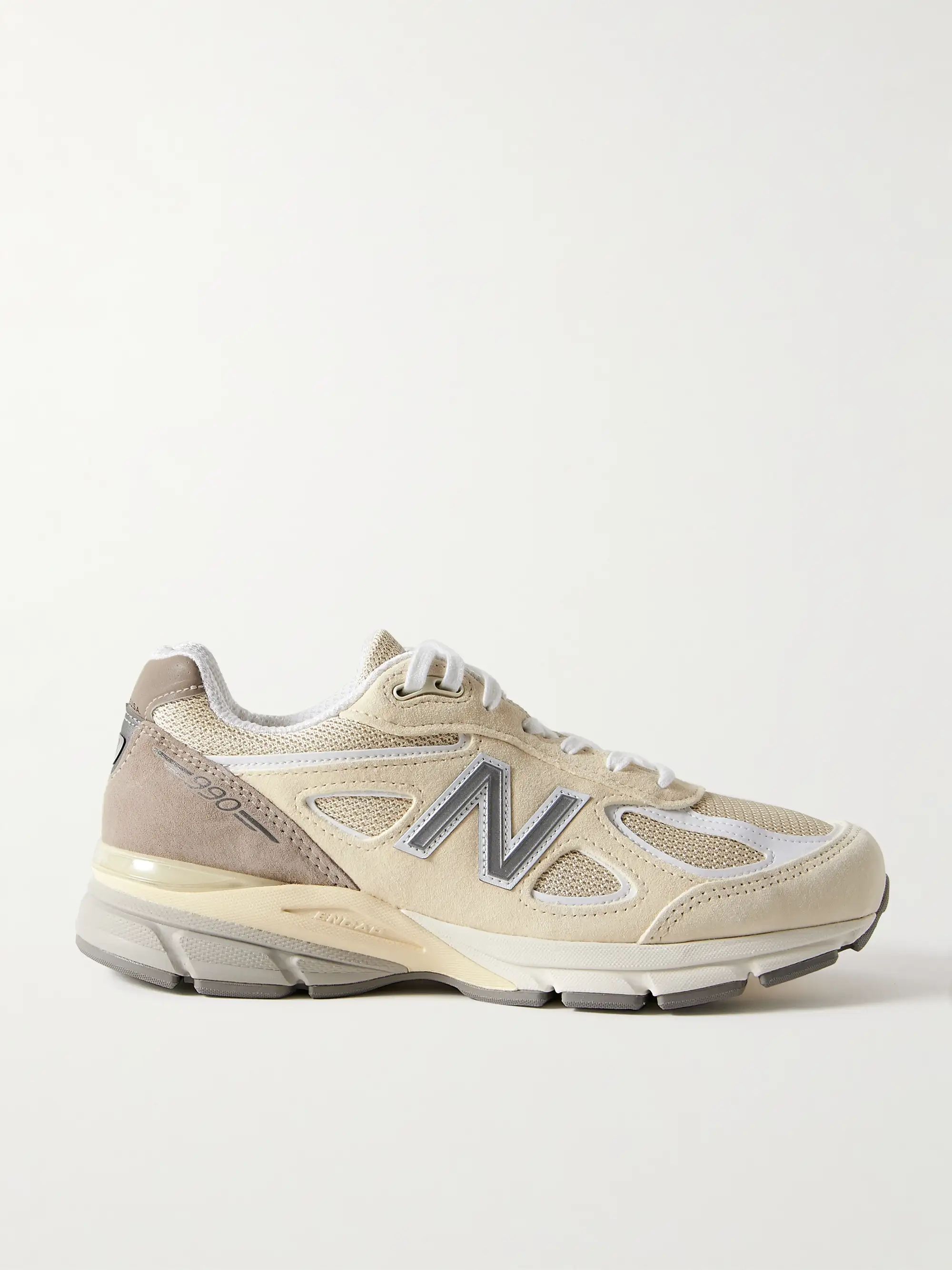 Made in USA 990v4 leather-trimmed suede and mesh sneakers | NET-A-PORTER (US)