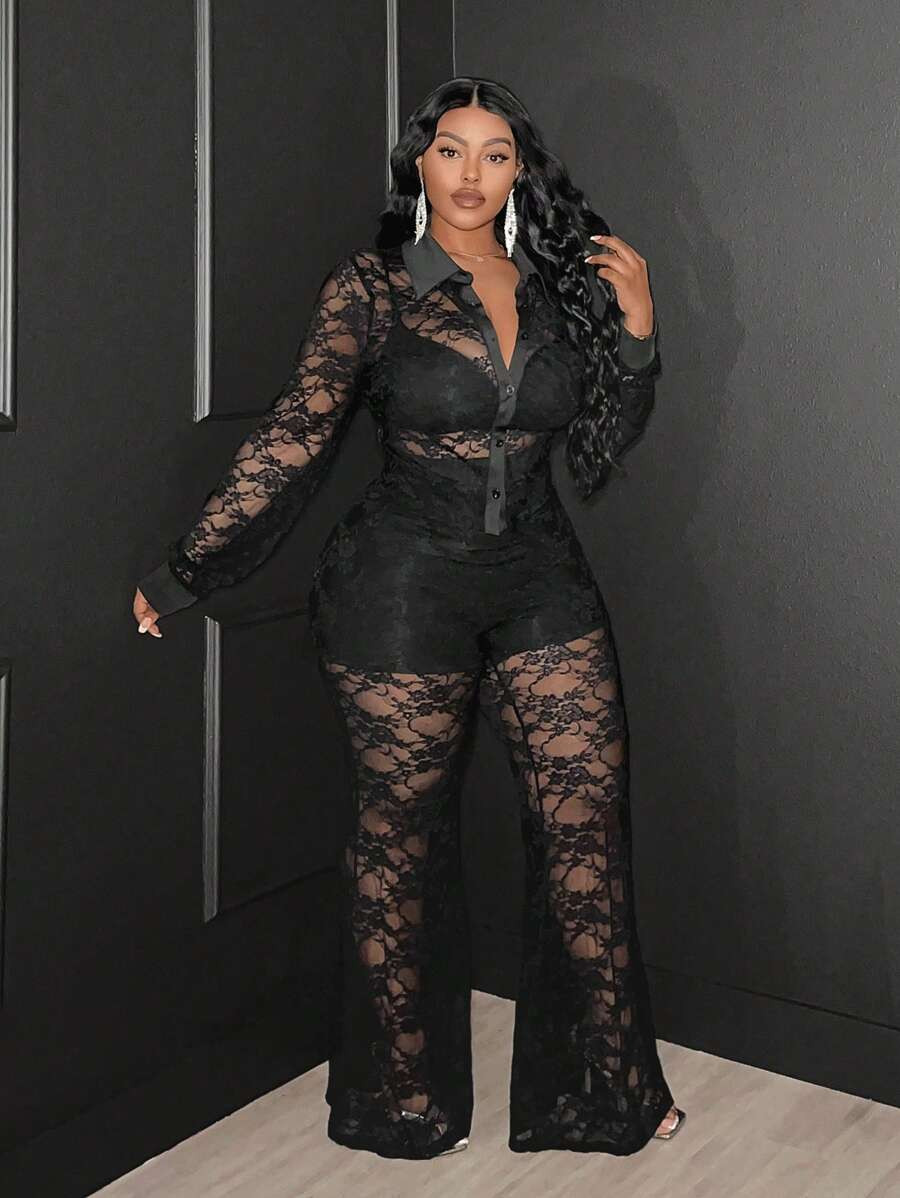 Maweii Plus Size Lace Sheer Floral Pattern 2 Pieces Set Fall Cloth For Women | SHEIN