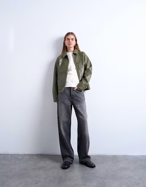 Topshop faux leather zip through jacket with patch pockets in washed green | ASOS (Global)