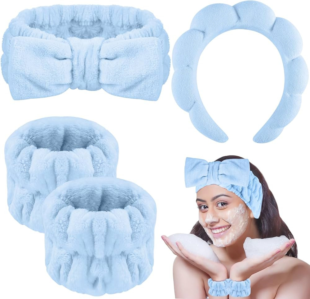 WSICSE Spa Headband for Washing Face Wristband Set, Blue Skincare Headbands Soft Makeup Headband ... | Amazon (US)