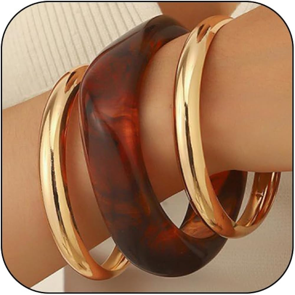 3PCS Chunky Acrylic Bangle bracelets Set for Women Resin Bangle Gold Bracelet Stack Fashions Thic... | Amazon (US)