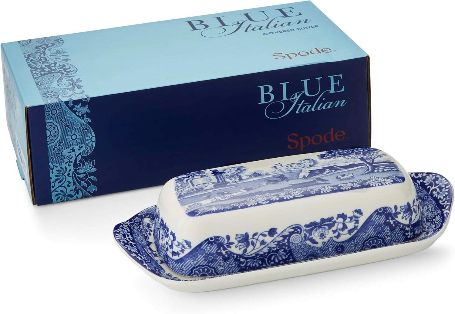 Spode Blue Italian Butter Dish, Fine Porcelain Covered Butter Holder with Countryside Scene & Oriental Border, Collectible Blue & White Tableware - 8" x 4" Decorative Kitchen Server, Oven Safe | Amazon (US)