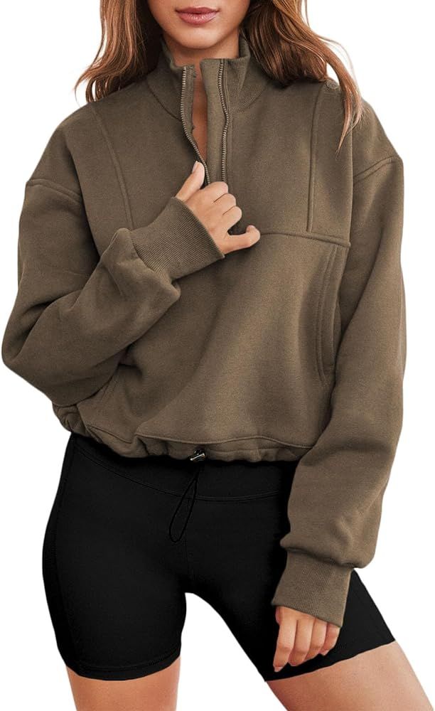 AlvaQ Women's Half Zip Crop Sweatshirt Workout Hoodie High Neck Long Sleeve Athletic Clothes | Amazon (US)