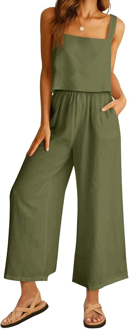 AUTOMET Women 2 Piece Outfits Lounge Matching Sets Linen Crop Top Wide Leg Pants Tracksuits with ... | Amazon (US)