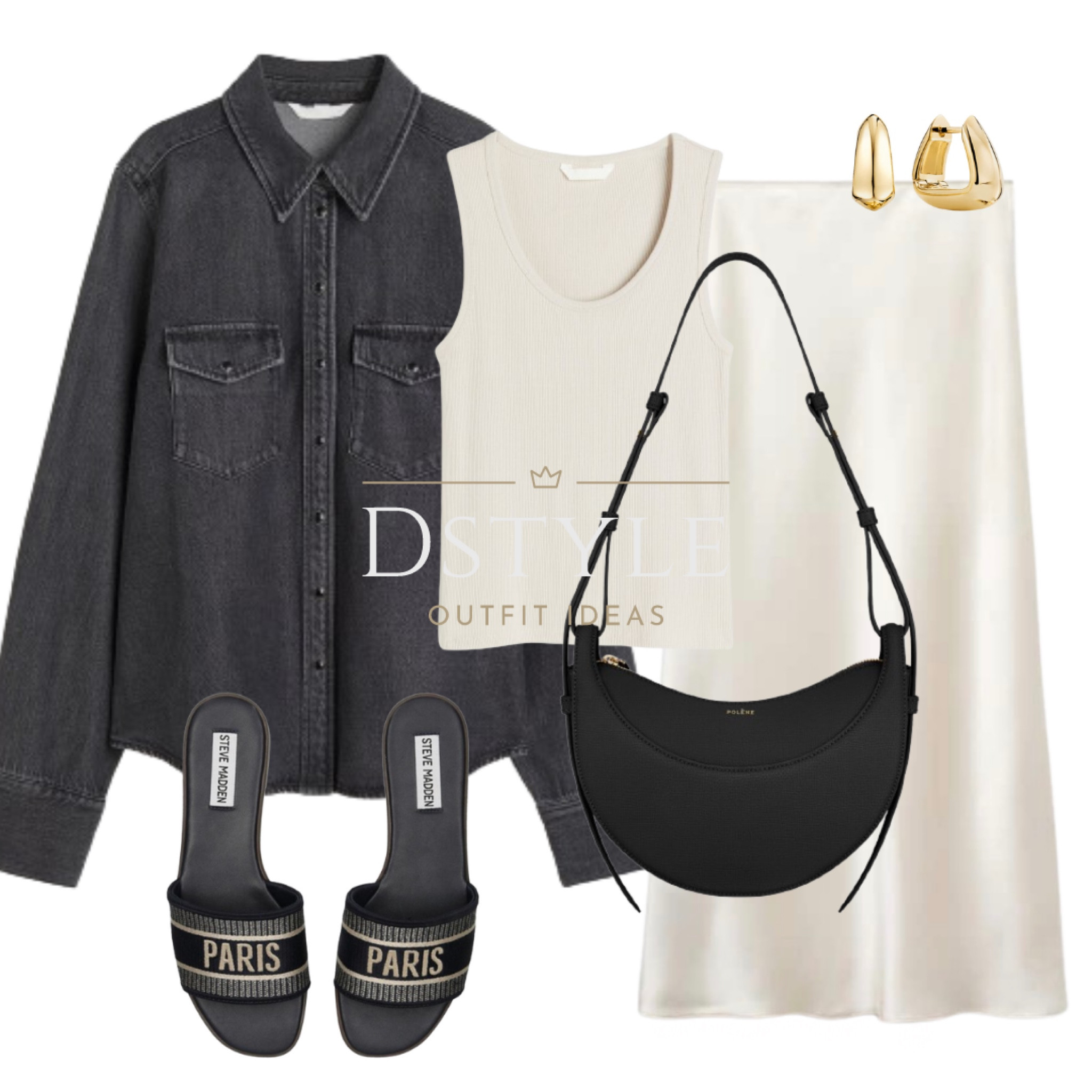 Dark grey denim shirt, satin slkirt, ribbed top, slide sandals, ootd, Steve Madden slides, comfy look, spring style

#LTKshoecrush #LTKitbag #LTKSeasonal