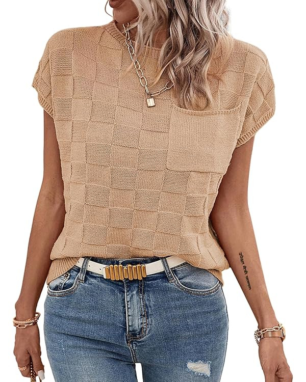 SHEWIN Women's Cap Sleeve Sweater Vest Casual Crewneck Sleeveless Knit Pullover Tank Tops Lightwe... | Amazon (US)