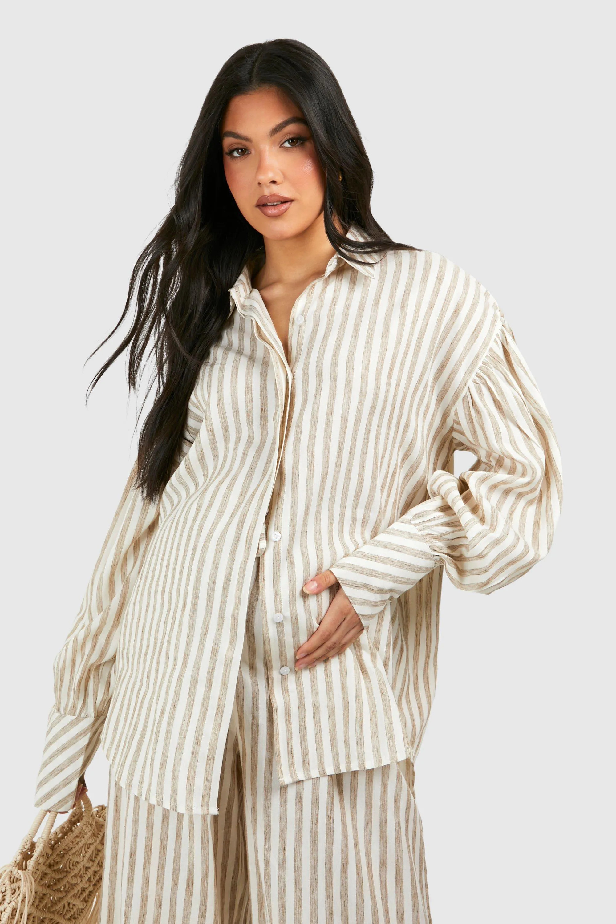 Maternity Stripe Linen Look Oversized Shirt | boohoo (US & Canada)