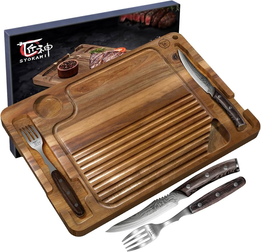 SYOKAMI Wood Steak Board Set with 1 Non-Serrated Steak Knife and 1 Fork | Amazon (US)