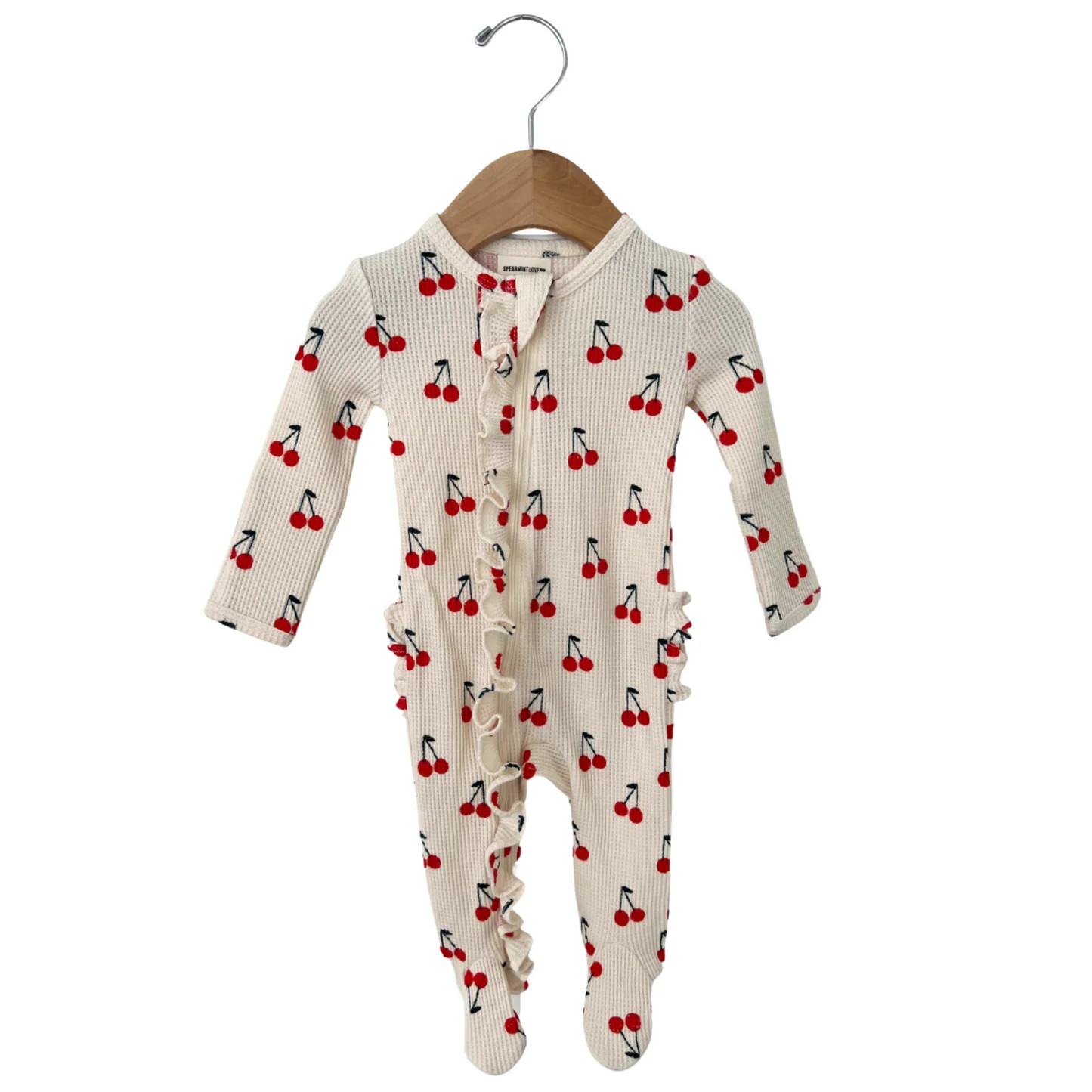 Organic Waffle Ruffle Zip Footie, Cherries | SpearmintLOVE