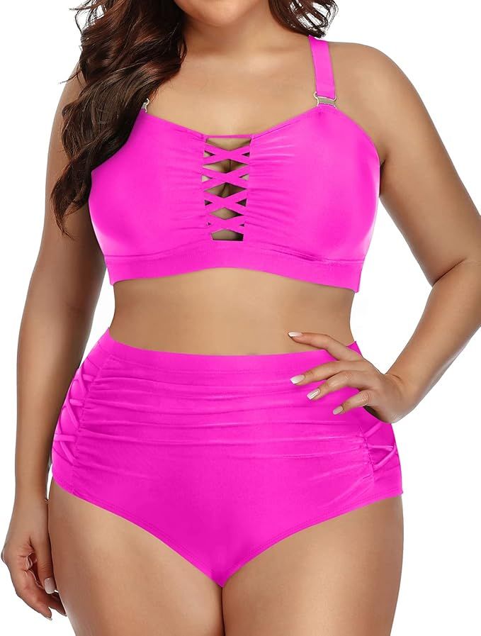 Daci Women Plus Size Two Piece Bikini Swimsuit High Waisted Bottom Ruched Lace Up Bathing Suit | Amazon (US)