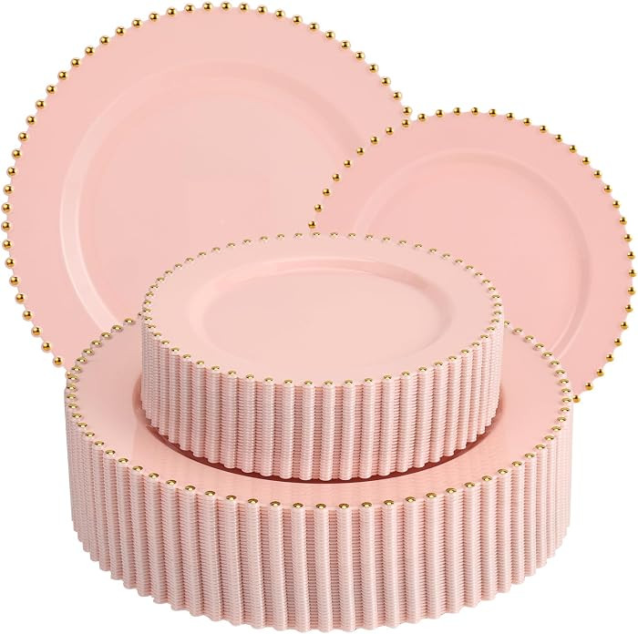 EI 60pcs Pink Plastic Plates with Gold Rim,Pink Party Plates Disposable,Heavy Duty Dinner/Dessert... | Amazon (US)