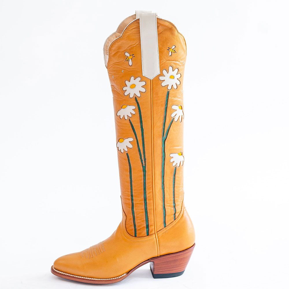 Orange Lovely Chunky Heel Shoes Mid-Calf Western Flower Cowboy Boots | FSJshoes