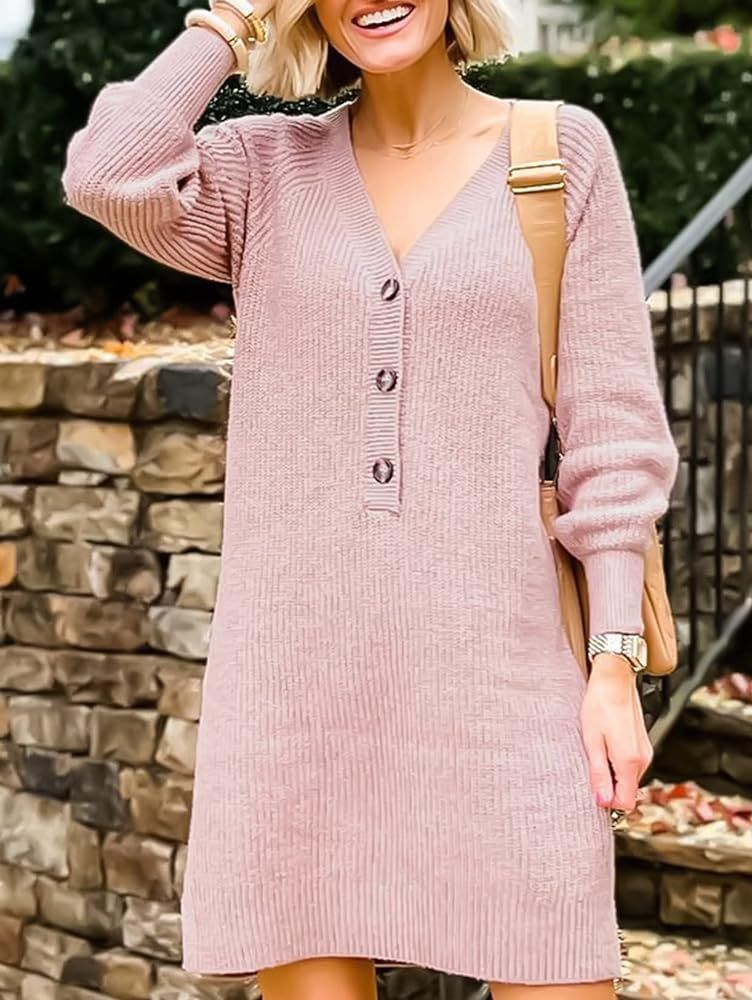 lilima Women V Neck Knit Midi Sweater Dress Losse Casual Button Down Long Lantern Sleeve Fall Winter | Amazon (US)