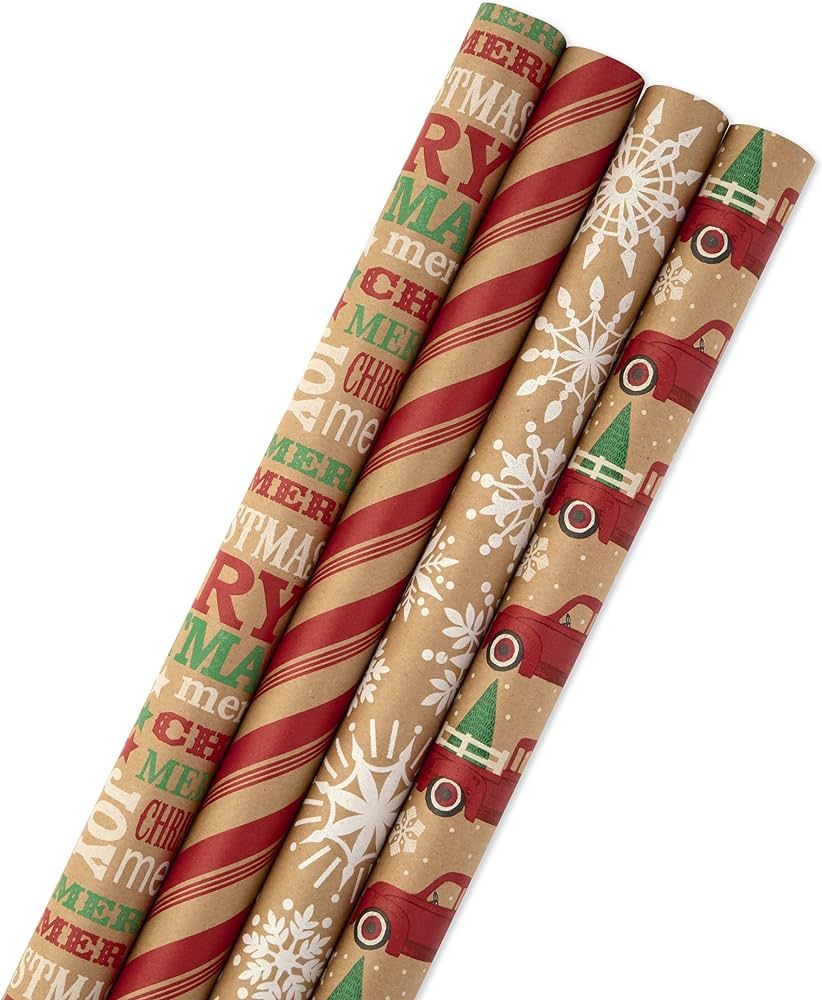 Hallmark Christmas Wrapping Paper Bundle with Cut Lines on Reverse, Kraft (Pack of 4, 88 sq. ft. ... | Amazon (US)