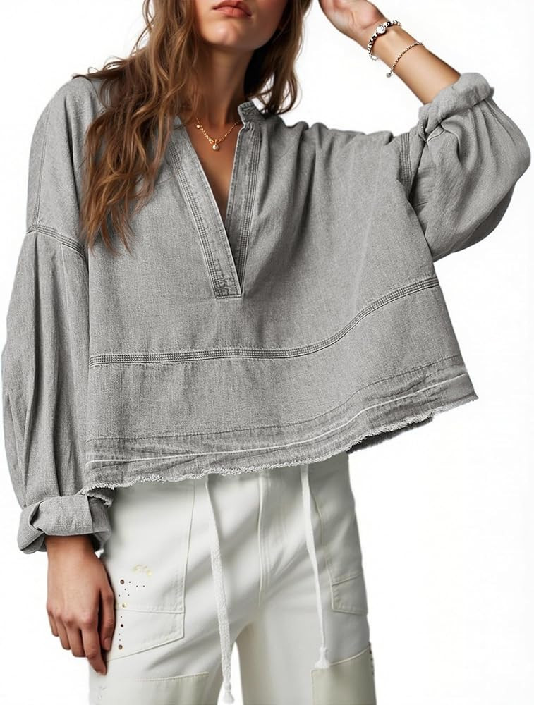 PLNOTME Womens Denim Tops Pullover Trendy Casual V Neck Loose Fit Puff Sleeve Jean Cotton Shirts | Amazon (US)