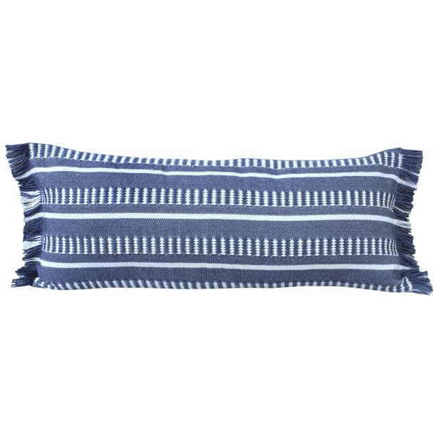 LR Home Fringe Striped Indoor Outdoor Lumbar Throw Pillow, Navy Blue, 14" x 36", Count per Pack 1 | Walmart (US)