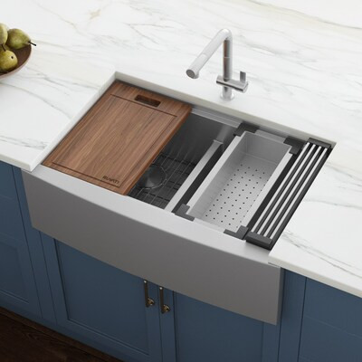 Ruvati  Verona Farmhouse Apron Front 33-in x 22-in Stainless Steel Double Offset Bowl Workstatio... | Lowe's