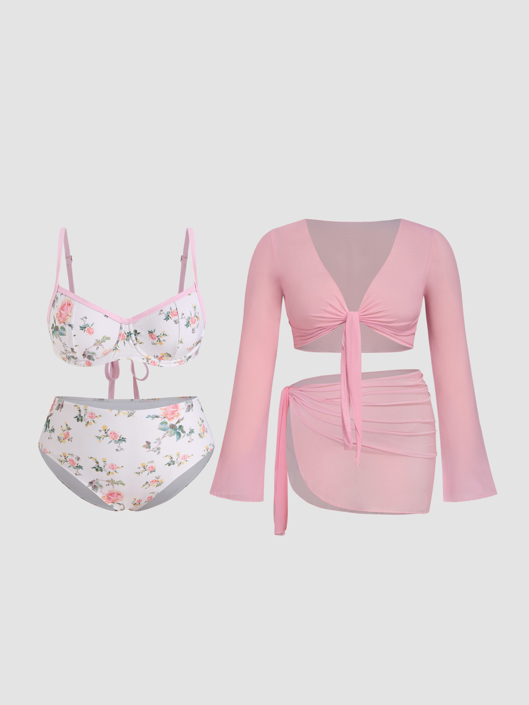 Strickstoff Sweetheart Blumenmuster Bikini-Set mit Unterbügel und voller Abdeckung, Cover-Up-Set... | Cider