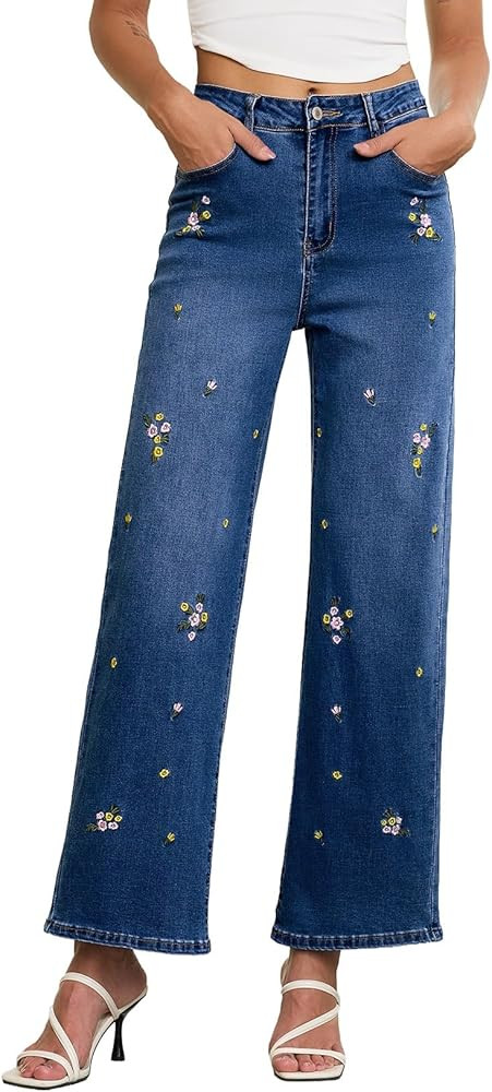Sidefeel Women's Straight Leg Embroidered Jeans High Waisted Stretchy Wide Leg Denim Pants | Amazon (US)