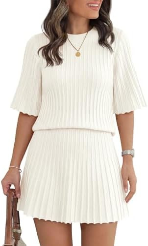 Saodimallsu Womens Sweater Sets 2 Piece Outfits Summer Half Sleeve Ribbed Knit Top and Pleated Sk... | Amazon (US)