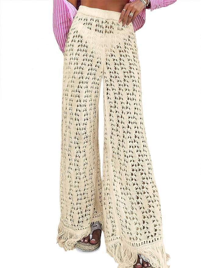 Fisoew Womens Crochet Cover Up Pants Casual Wide Leg High Waisted Hollow Out Tassel Summer Beach ... | Amazon (US)