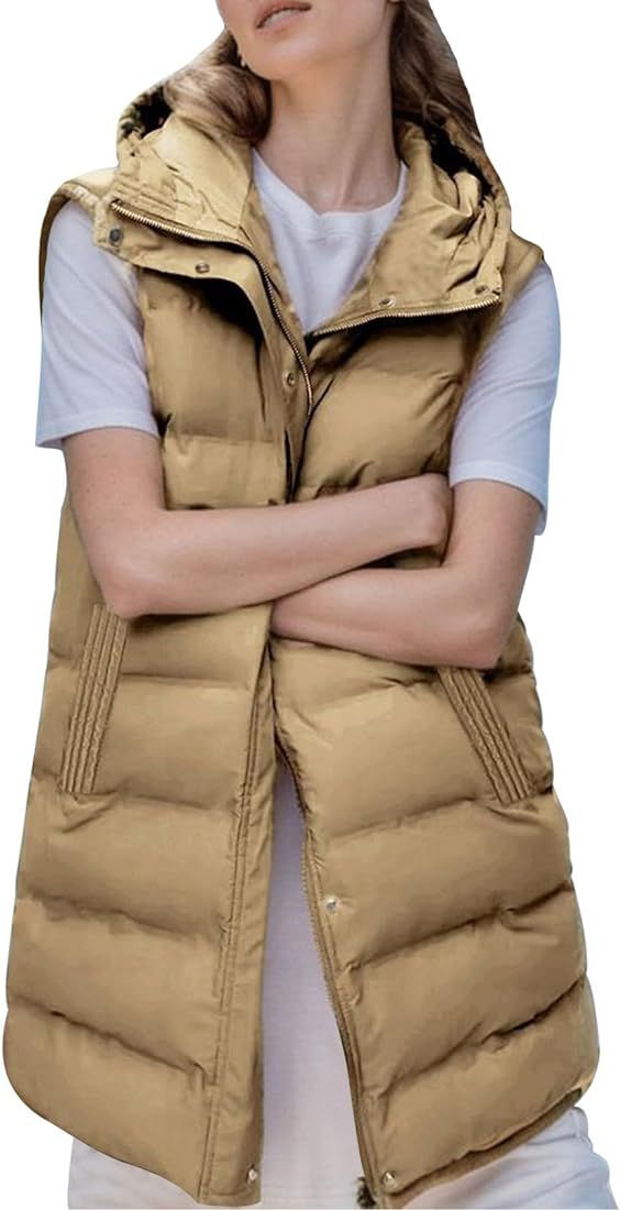 Gihuo Women's Long Puffer Vest Winter Quilted Hooded Sleeveless Zip Up Long Jacket Vest Gilet | Amazon (US)