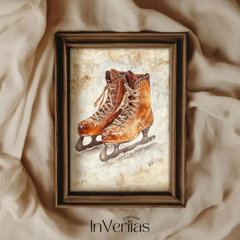 Ice Skates Rustic Christmas Print Vintage Style Nostalgic Cottage Winter and Holiday Decor PRINTA... | Etsy (US)