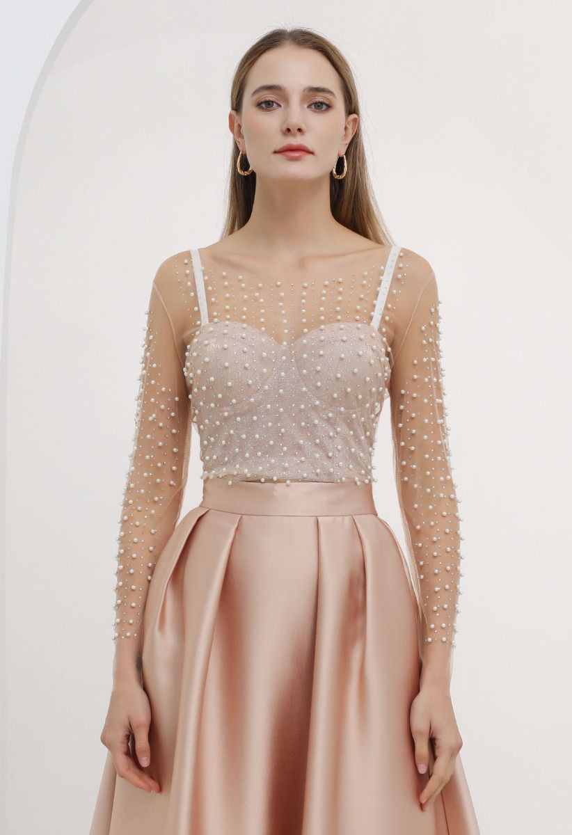 Full Pearl Embellished Sheer Mesh Top in Tan | Chicwish