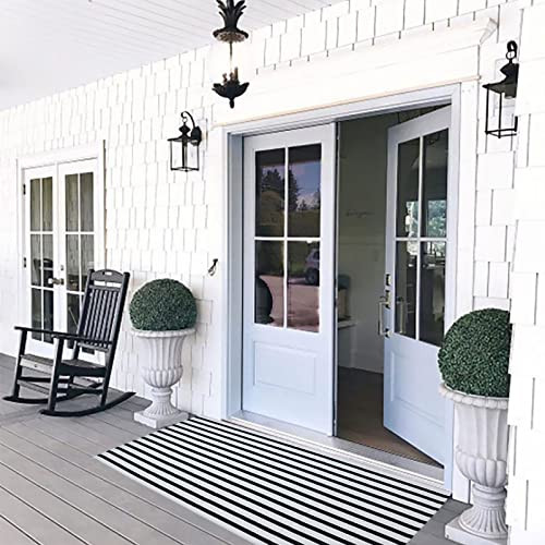 Black and White Outdoor Rug 2' x 4.3' Striped Front Porch Rug Hand-Woven Cotton Rug Machine Washable Floor Mat Indoor/Outdoor Area Rug for Layered Door Mats/Farmhouse/Living Room (2' x 4.3') | Amazon (US)