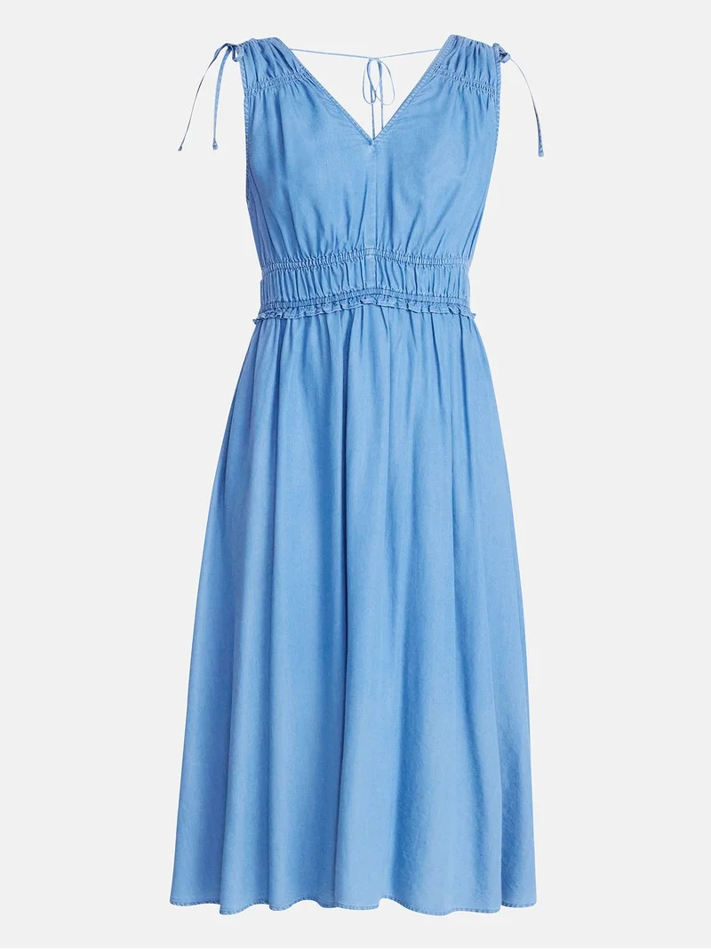 Time and Tru Women's Ruched Tie Shoulder Midi Dress, Sizes XS-XXXL | Walmart (US)