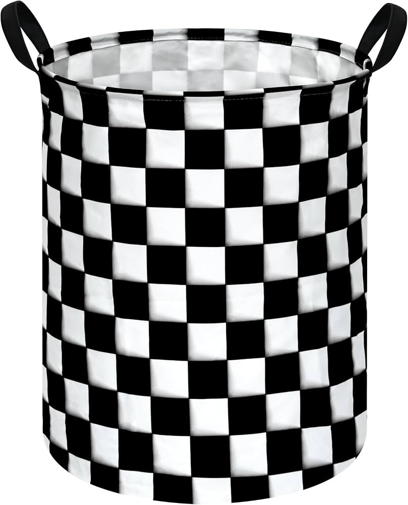 KUNRO Round Black-white Checker Laundry Gift Basket Storage Hamper, Clothes Storage Organizer Bin... | Amazon (US)