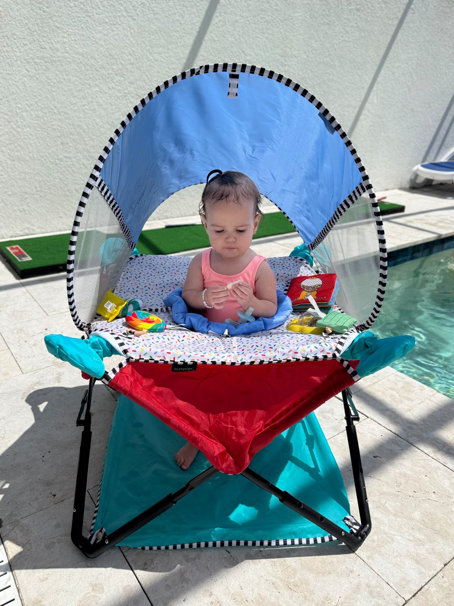 My favorite waterproof travel activity center! I’ve used since she was 6 months old and still now at one years old. Linked some other fav options to put baby 