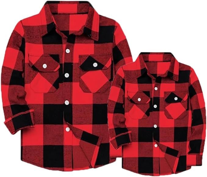 SANGTREE Boys & Mens Long Sleeve Flannel Shirts Casual Button Down Plaid Shirt | Amazon (US)