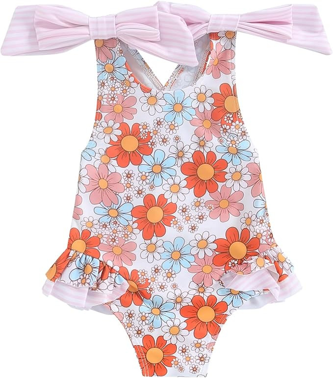 Toddler Girls Strap One Piece Swimsuit Floral Sleeveless Backless Bathing Suit Ruffles Bowknot Sw... | Amazon (US)