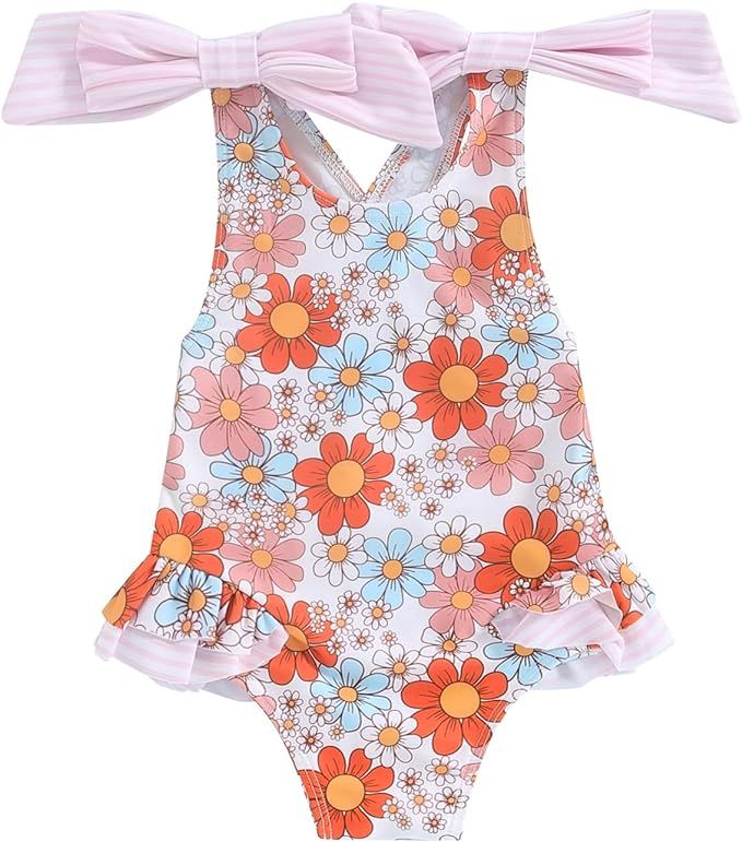 Toddler Girl Swimsuit One Piece Floral Backless Bownot Ruffles Bathing Suit Swimwear Summer Beach... | Amazon (US)