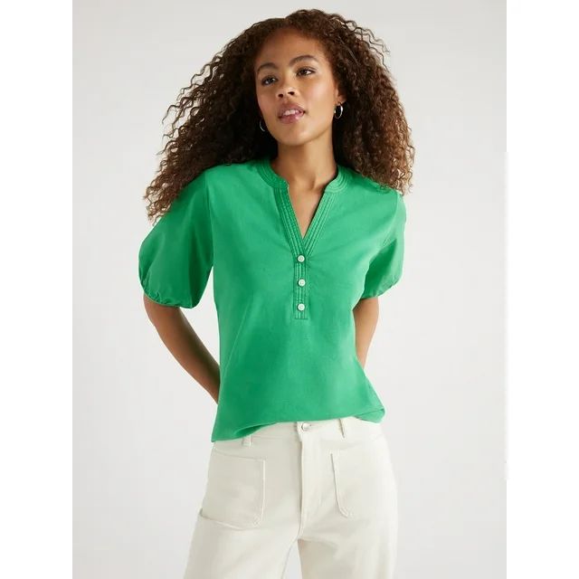 Free Assembly Women?s Henley Tee with Short Puff Sleeves, Sizes XS-XXL | Walmart (US)