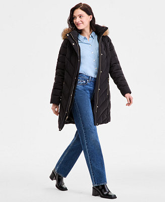 Women's Faux-Fur-Trim Hooded Puffer Coat | Macy's