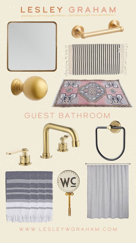 Guest bathroom sources. Vintage rug. Turkish towels. Brass hardware. Brass mirror. Striped towels. Bathroom faucet. 

#LTKfindsunder50 #LTKhome #LTKfindsunder100