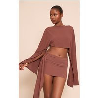 Dark Brown Floaty Woven Slash Neck Long Sleeve Top | PrettyLittleThing US