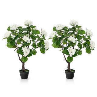 3.5 ft. Green Artificial Hydrangea Tree in Pot Fake Floral Plant w/11 White Flowers 2 Pack | The Home Depot