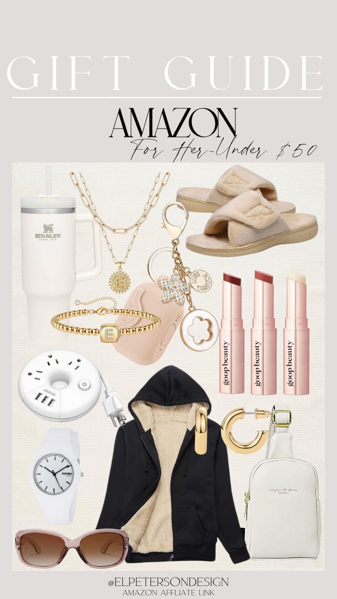 Travel adapter
Slippers
Necklace 
Key chain
Jacket
Stanley cup
Watch sunglasses
Lipsticks
Backpack 
Earrings

#LTKGiftGuide