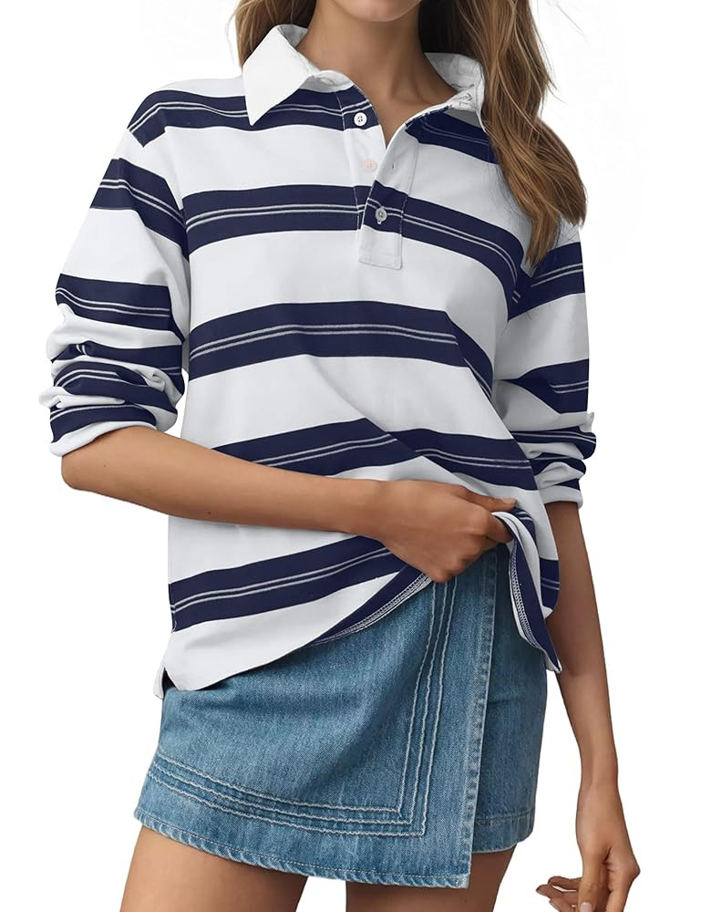 Rugby Shirt Women Long Sleeve Oversized Striped Sweatshirt | Amazon (US)