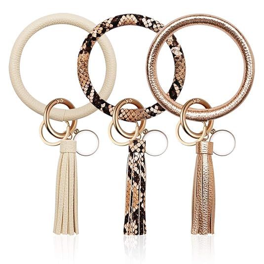 3PCS Key Chains Ring Bracelets, Leather Tassel Bangle Round Key Ring Wristlet Keychain for Women ... | Amazon (US)