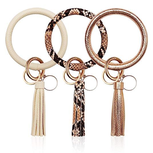 3PCS Key Chains Ring Bracelets, Leather Tassel Bangle Round Key Ring Wristlet Keychain for Women ... | Amazon (US)