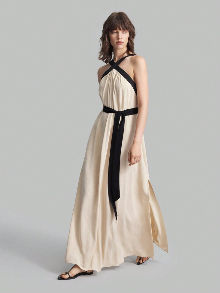 Ontre Summer Casual Split Color Patchwork Dress With Waist Belt, Backless And Halter Neck Design | SHEIN