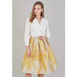 Ebullient Peony Jacquard Pleated Midi Skirt in Yellow | Chicwish